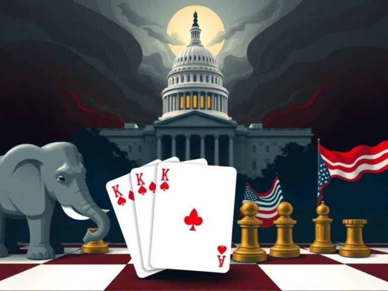 Flick International Abstract representation of a political landscape with Republican symbols and a Trump card