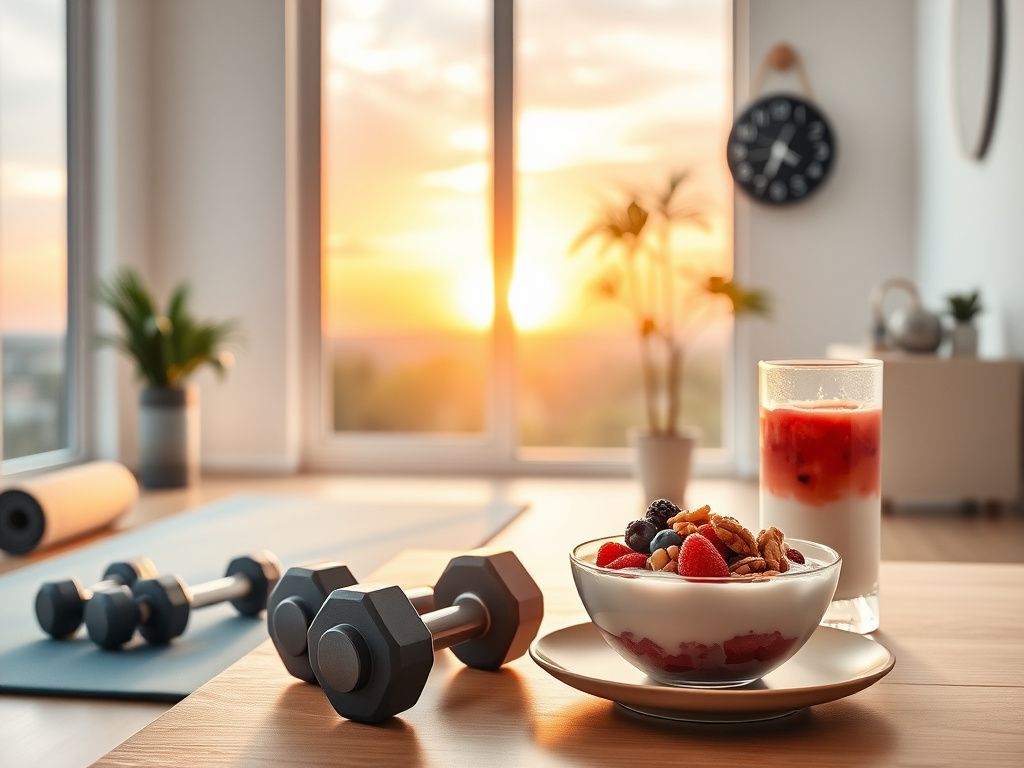 Flick International A serene early morning home gym setup with fitness equipment and sunrise view
