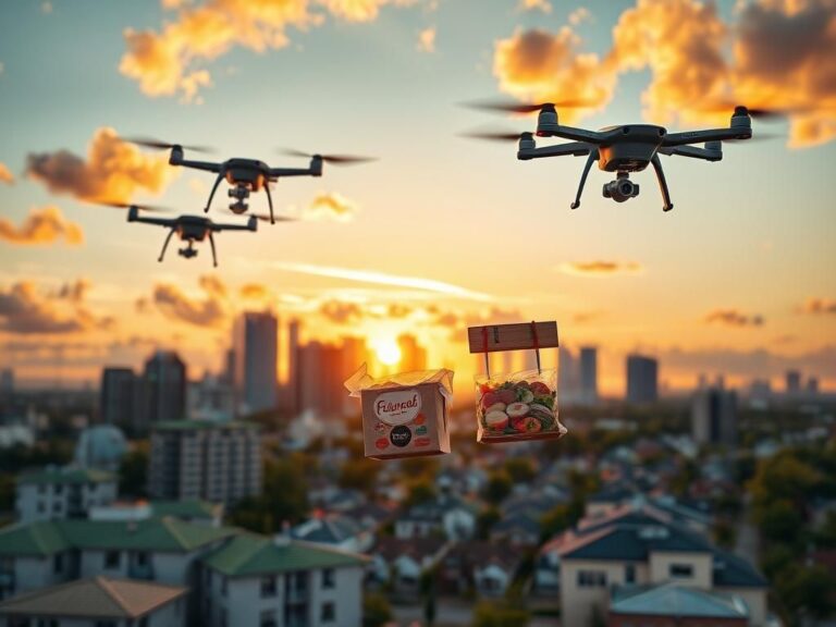 Flick International Drones delivering food over a futuristic urban skyline at sunset