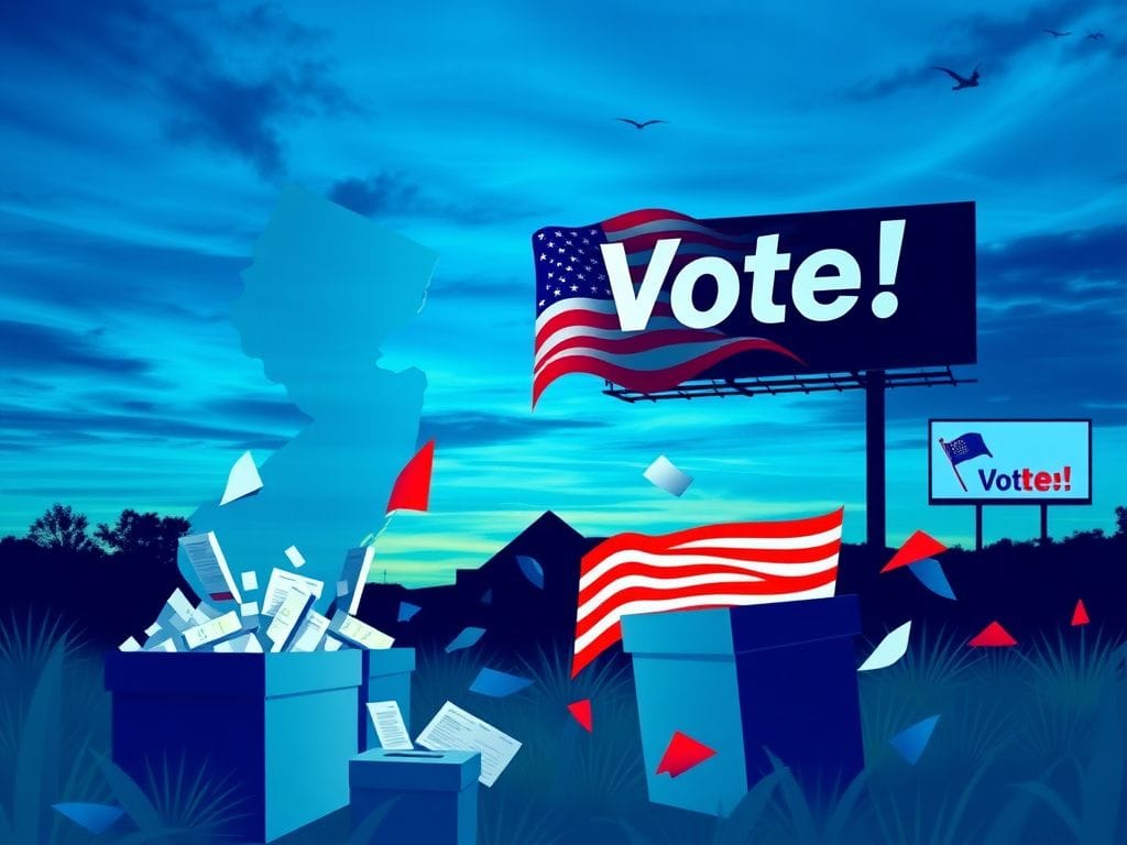 Flick International An artistic representation of New Jersey and Virginia state outlines against a blue dusk sky, symbolizing hope for upcoming elections.