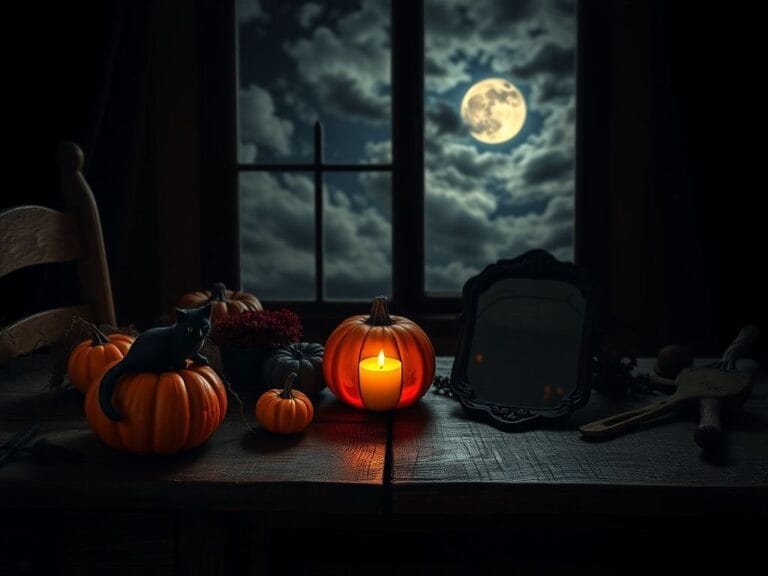 Flick International A dark wooden table with Halloween decorations, including a carved pumpkin and a black cat