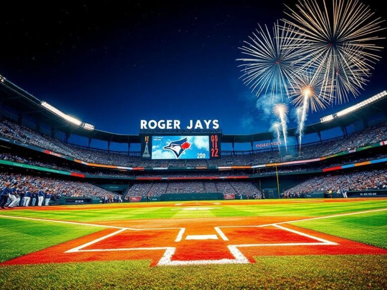 Flick International Exciting scene at a baseball stadium during a World Series game with Blue Jays fans and fireworks