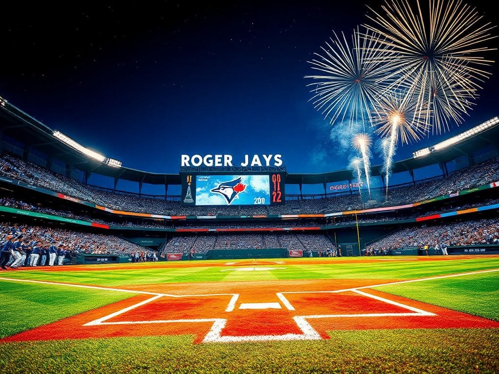 Flick International Exciting scene at a baseball stadium during a World Series game with Blue Jays fans and fireworks