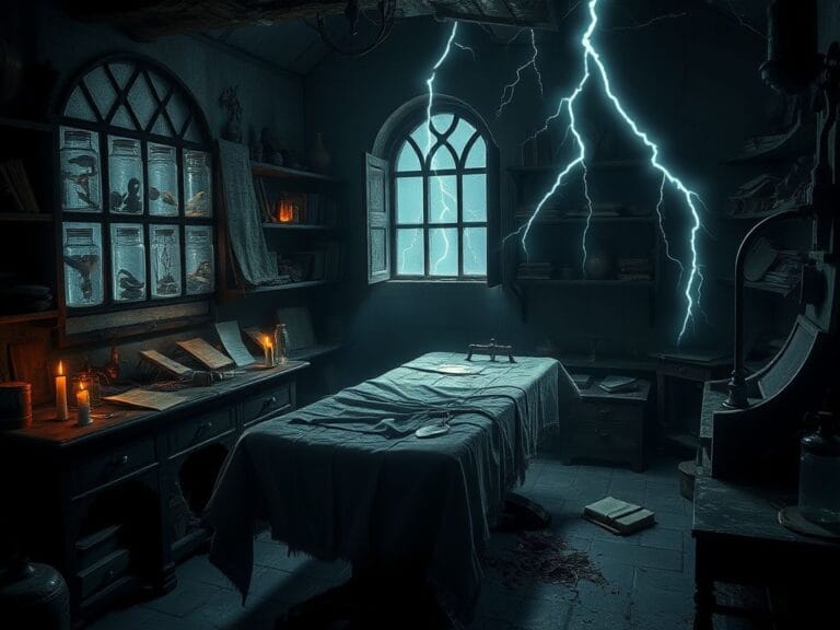 Flick International A dark gothic laboratory scene with flickering candlelight and strange scientific instruments