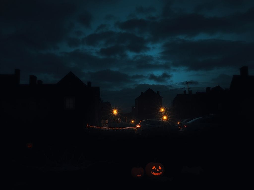 Flick International nighttime urban landscape in Michigan with Halloween decorations