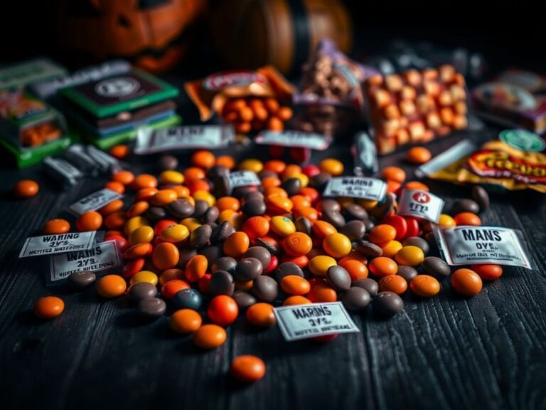 Flick International Close-up of Halloween candies with warning labels indicating harmful ingredients