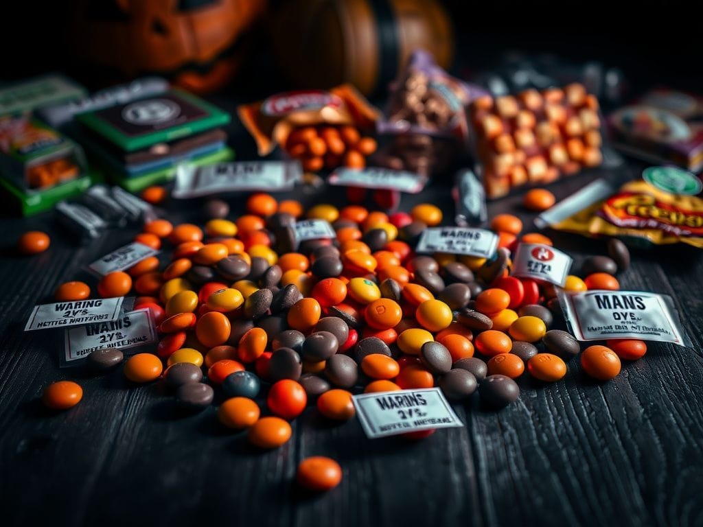 Flick International Close-up of Halloween candies with warning labels indicating harmful ingredients