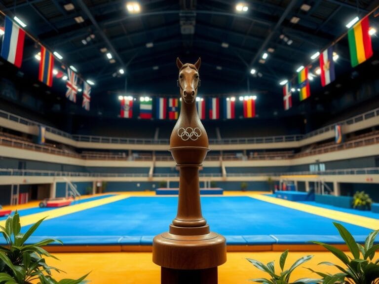 Flick International Serene gymnastics arena with polished pommel horse and vibrant country flags