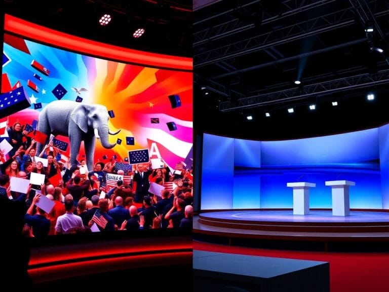 Flick International A split-screen image showcasing a vibrant television studio set contrasting with a calm debate stage.