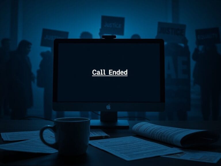 Flick International Dimly lit interview set with a desktop computer showing an empty video chat interface.