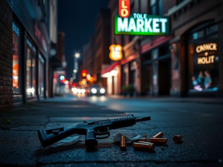 Flick International Discarded firearm in a shadowy alley of Omaha's Old Market at night
