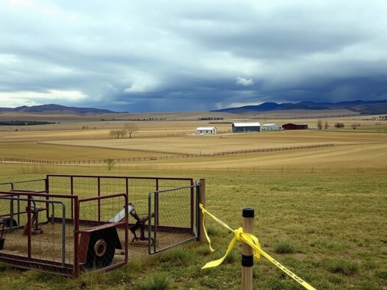 Flick International tranquil scene of a rural Colorado dairy farm with empty stalls and distant mountains