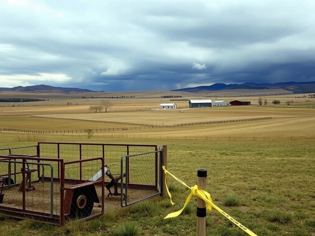 Flick International tranquil scene of a rural Colorado dairy farm with empty stalls and distant mountains