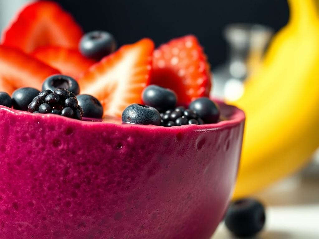 Flick International Close-up view of a colorful smoothie bowl with purple berry puree and a ripe banana in the background
