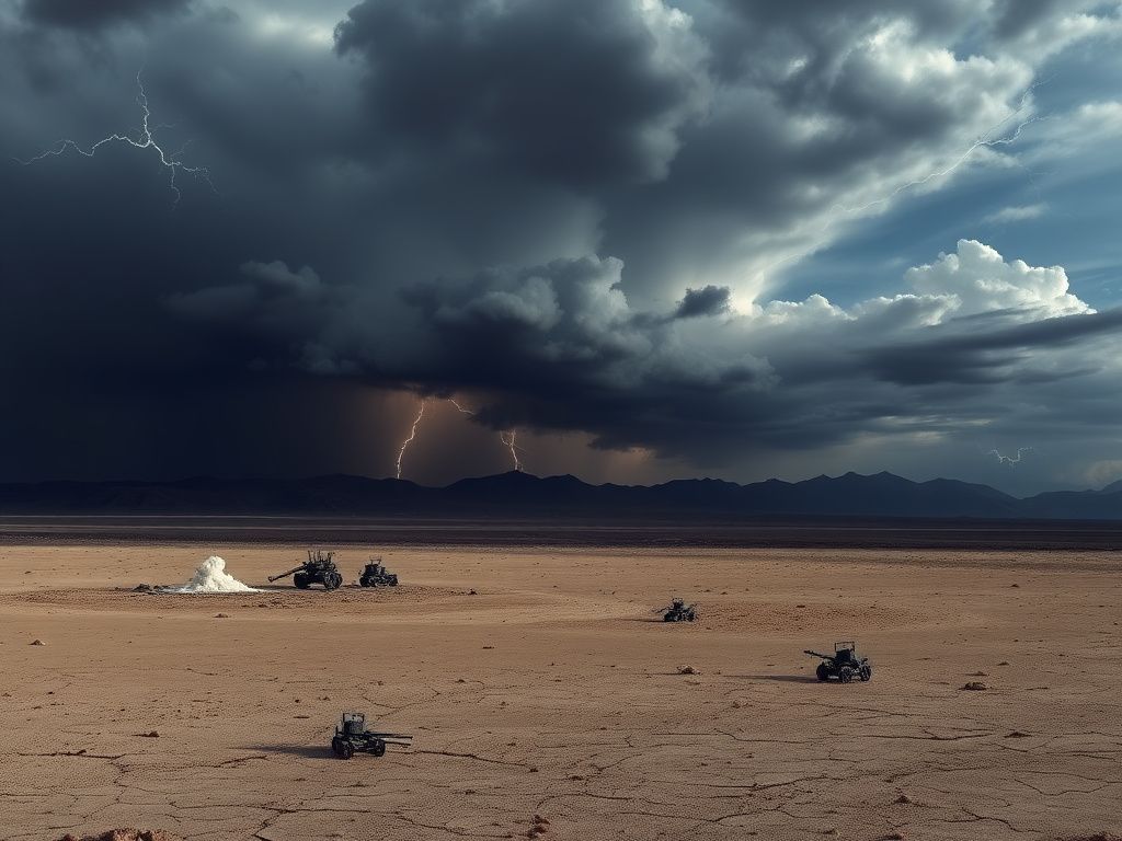 Flick International A stark landscape representing a theoretical nuclear test site featuring cracked earth and abandoned military equipment