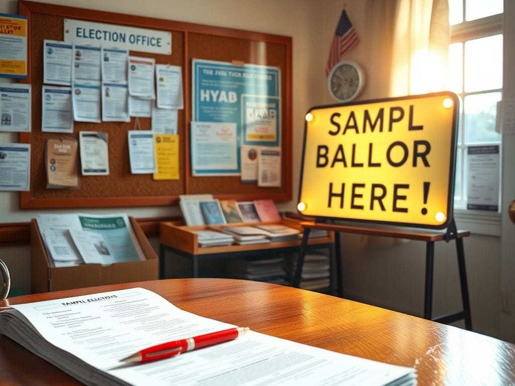 Flick International Serene small-town election office with sample ballots displayed