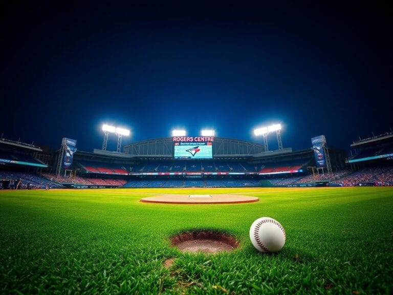 Flick International Nighttime view of Rogers Centre filled with blue and white banners for the Blue Jays