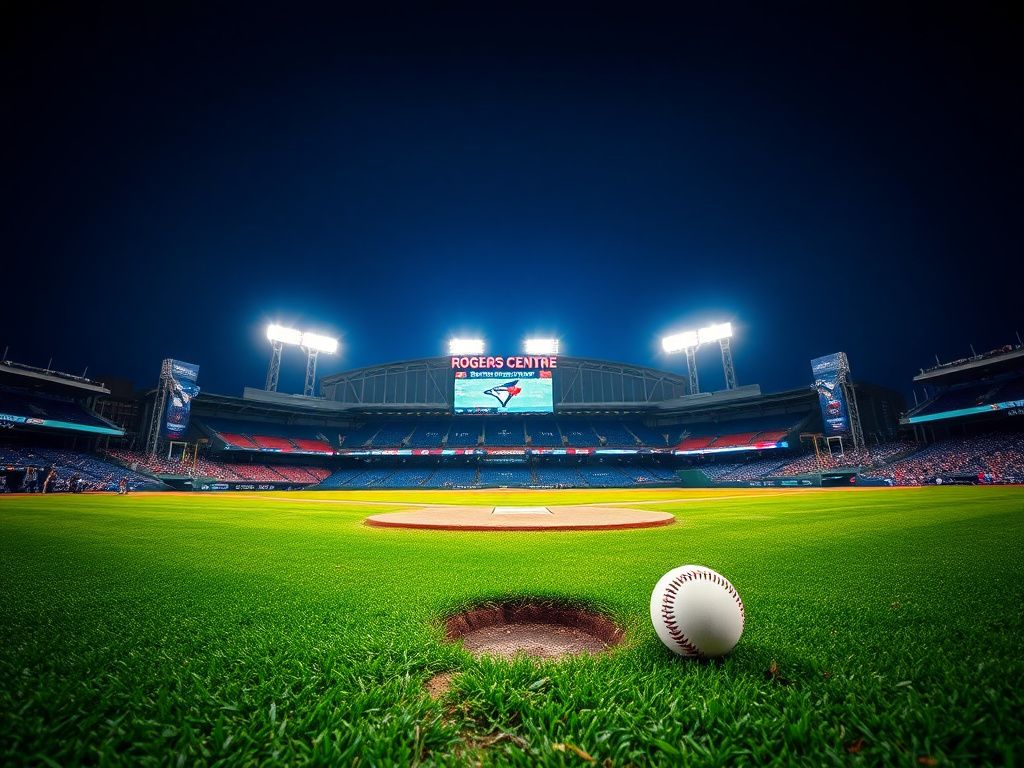 Flick International Nighttime view of Rogers Centre filled with blue and white banners for the Blue Jays