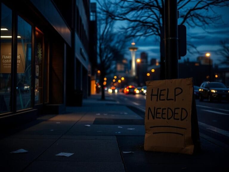 Flick International dimly lit Seattle street at dusk with empty sidewalks and symbolic storefronts