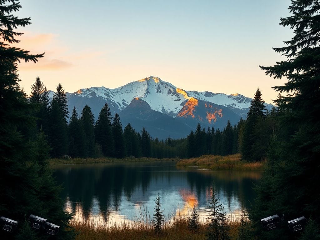 Flick International Serene alpine landscape with snow-capped mountains and a reflective lake during golden hour