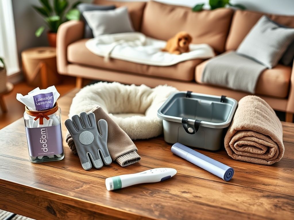 Flick International Cozy living room setup featuring practical gifts for dog lovers, including scented poop bags and grooming gloves