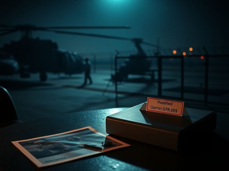 Flick International Dimly lit military installation showcasing silhouettes of helicopters and radar systems amid shadows.