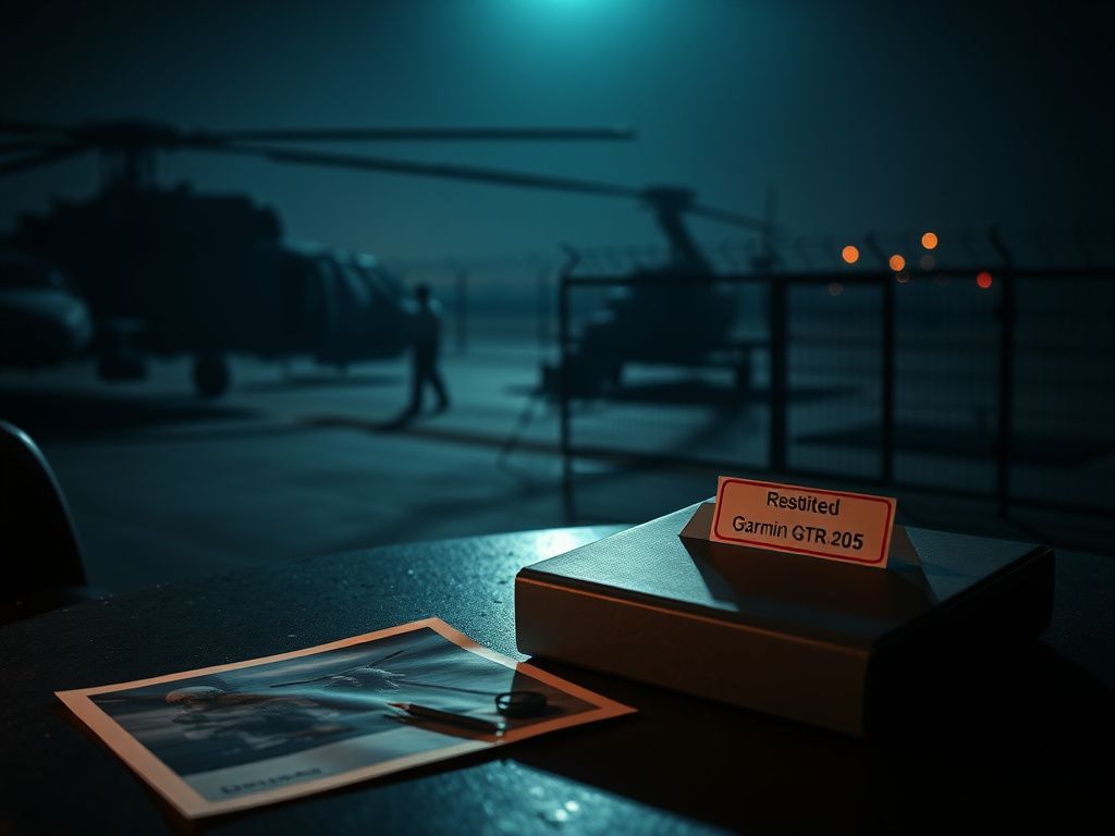 Flick International Dimly lit military installation showcasing silhouettes of helicopters and radar systems amid shadows.