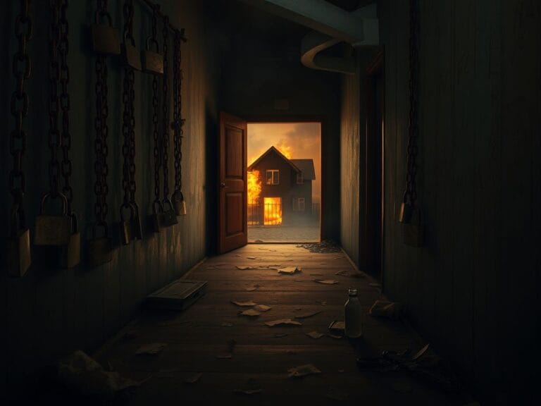 Flick International A dimly lit storage closet filled with rusty chains and padlocks, symbolizing long-term captivity.