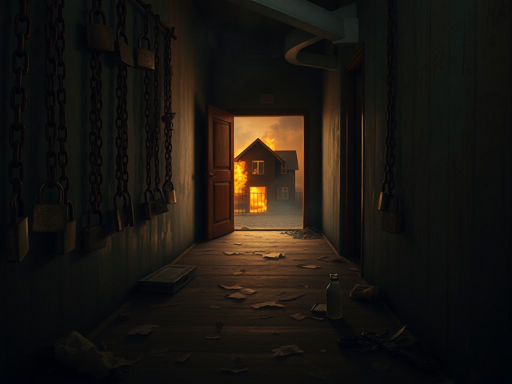 Flick International A dimly lit storage closet filled with rusty chains and padlocks, symbolizing long-term captivity.