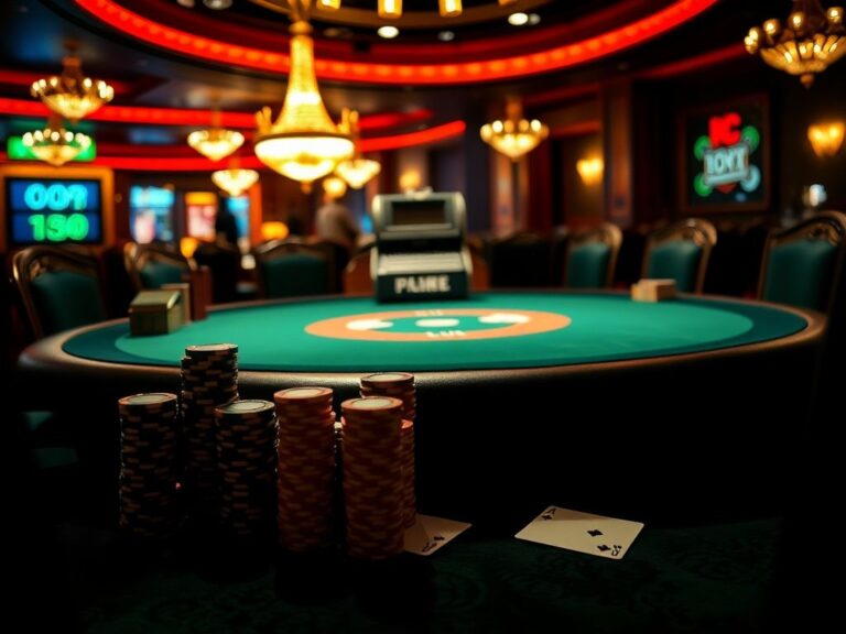Flick International Dimly lit poker table with high-value chips in Las Vegas casino