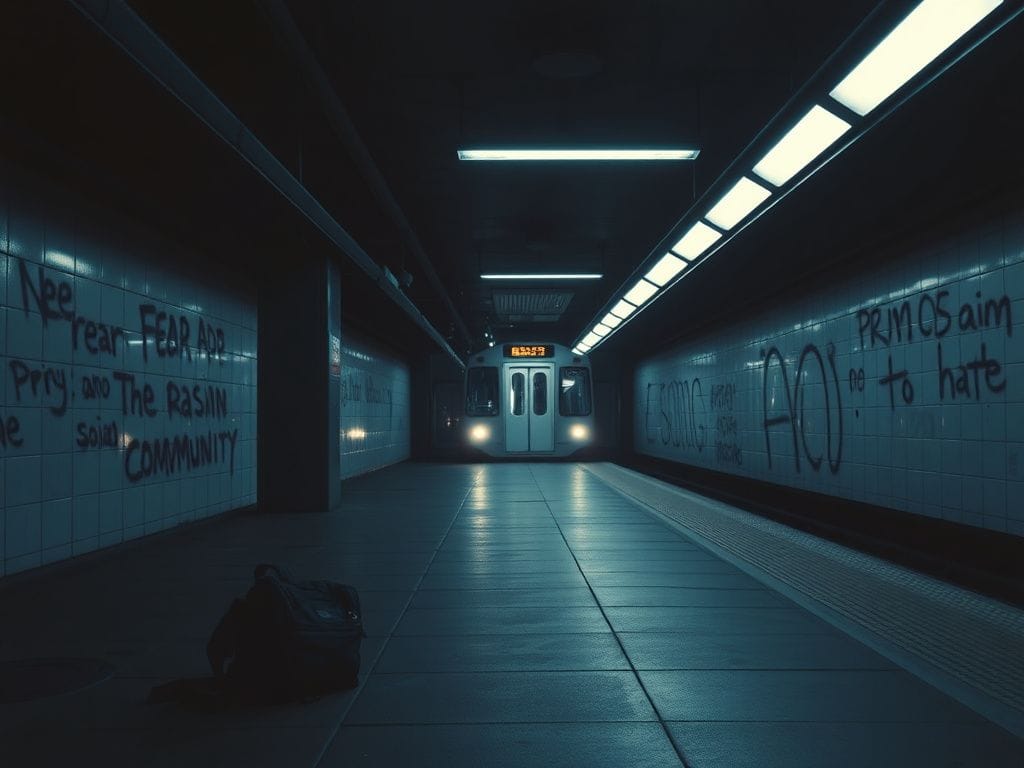 Flick International Dark and moody subway scene depicting an empty platform with an approaching train