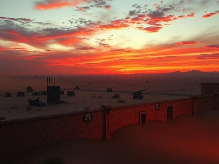 Flick International A dramatic sunset over a Middle Eastern landscape, featuring crumbling military bases and hidden tunnels.