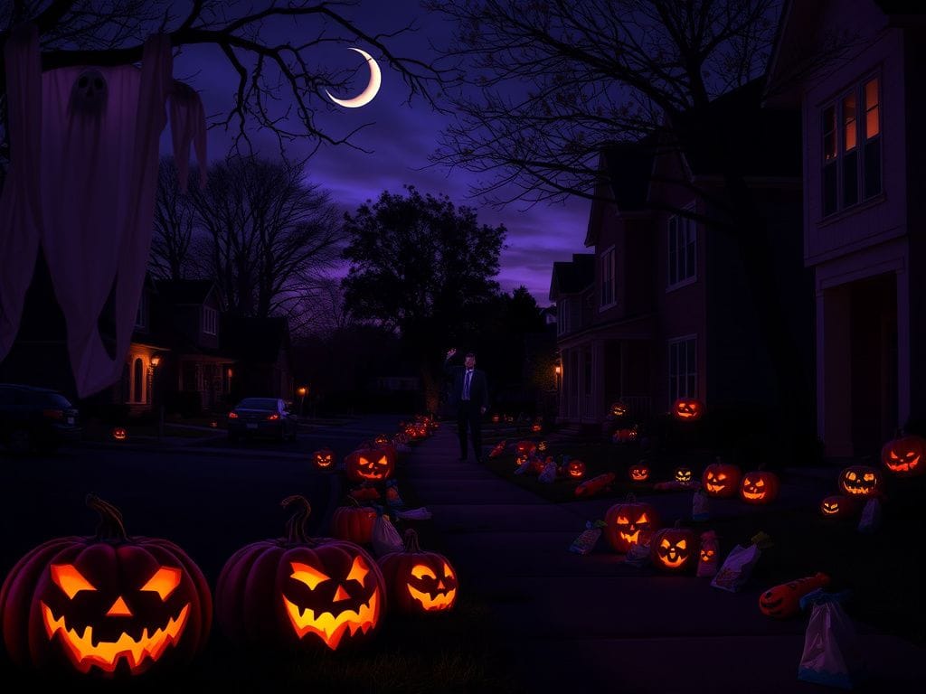 Flick International A dimly lit suburban neighborhood decorated for Halloween with ominous carved pumpkins and ghostly sheets suggesting a menacing atmosphere.