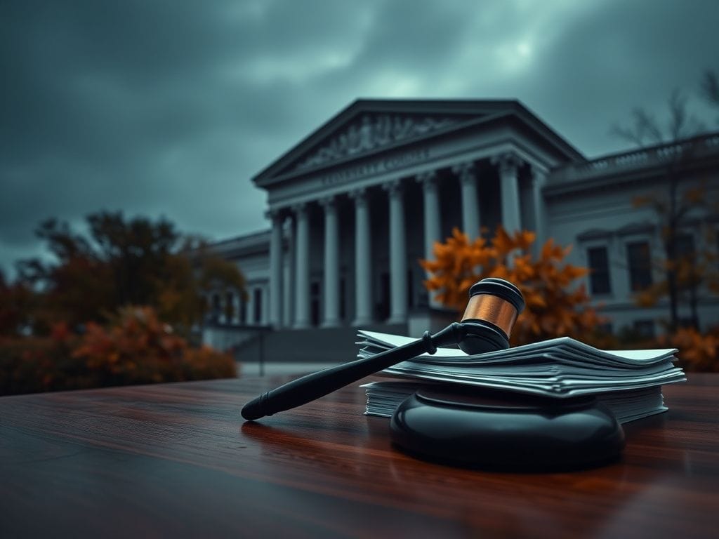 Flick International Somber scene of the Manhattan courthouse under a gray overcast sky, symbolizing justice