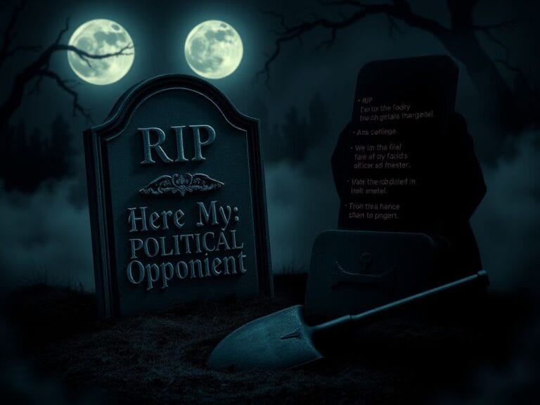 Flick International Dark cemetery scene with gravestone mocking political opponent
