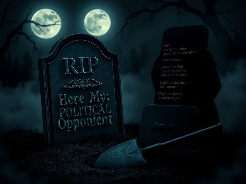 Flick International Dark cemetery scene with gravestone mocking political opponent