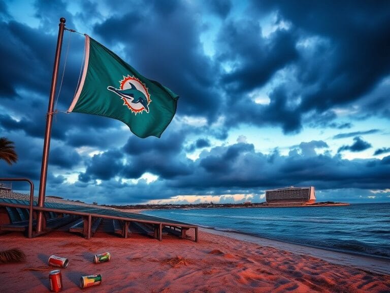 Flick International Twilight scene of Miami's shoreline with empty football bleachers and a fluttering Dolphins flag