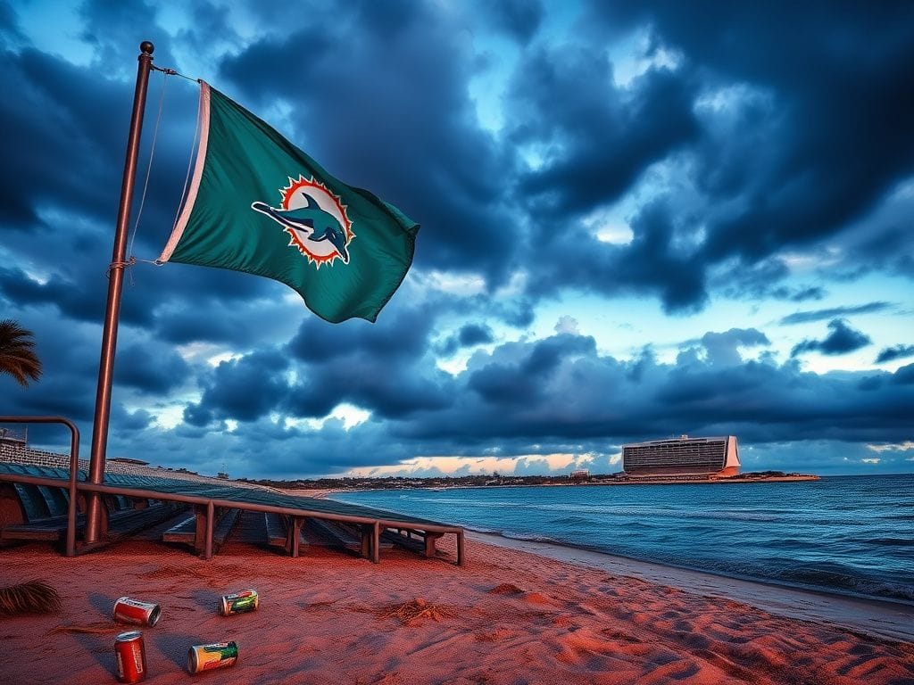 Flick International Twilight scene of Miami's shoreline with empty football bleachers and a fluttering Dolphins flag