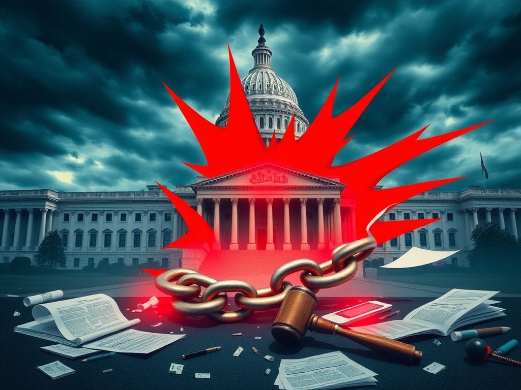 Flick International A dramatic depiction of the U.S. Capitol building with a stormy sky symbolizing political turmoil and a broken filibuster in the foreground