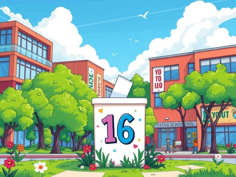 Flick International A vibrant urban landscape showcasing a bustling high school setting with a large ballot box symbolizing youth engagement.