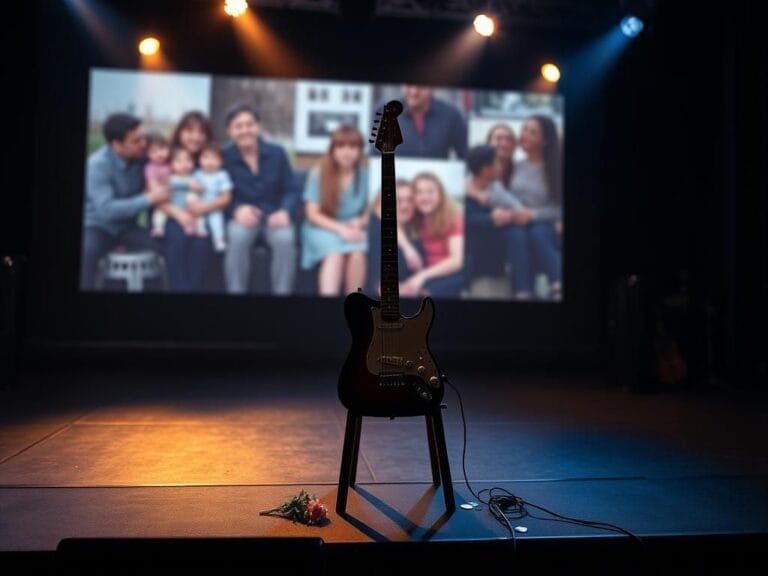 Flick International Concert stage with electric guitar and projection screen showcasing nostalgic images