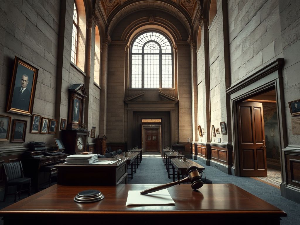 Flick International Reflective scene in a grand government building highlighting aging architecture and leadership symbols