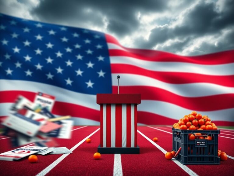 Flick International Symbolic representation of a presidential campaign with an abstract American flag and blurred campaign materials