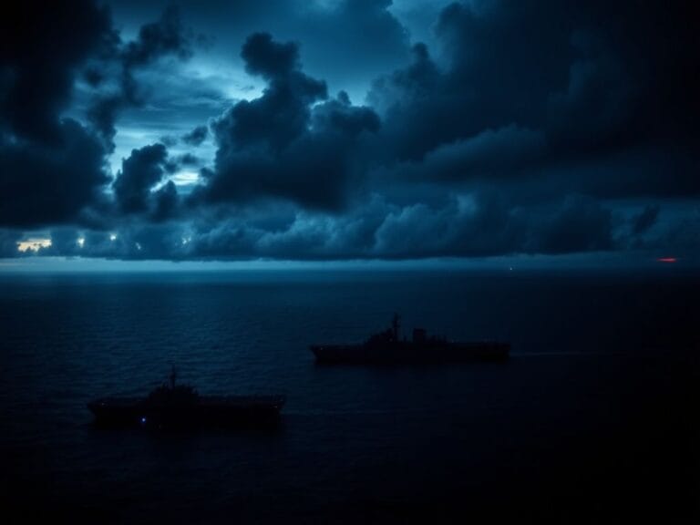 Flick International Aerial view of military ships including the USS Gerald R. Ford amidst a stormy ocean at twilight