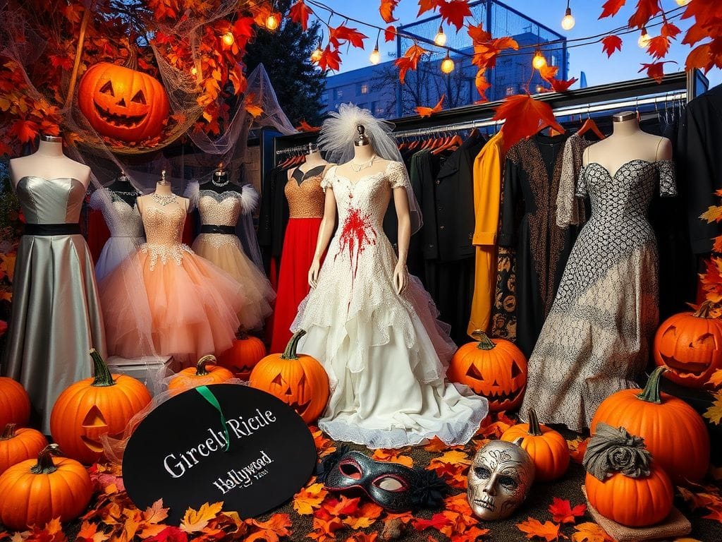 Flick International A vibrant Halloween costume display featuring eclectic outfits and spooky props in Hollywood.