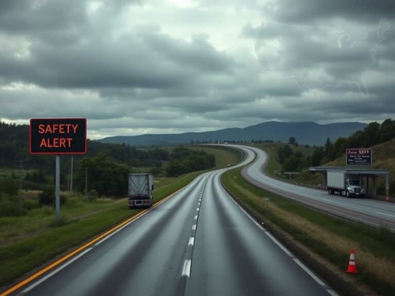 Flick International A highway scene with a warning sign and shadows of commercial trucks indicating safety concerns amidst a driver shortage.