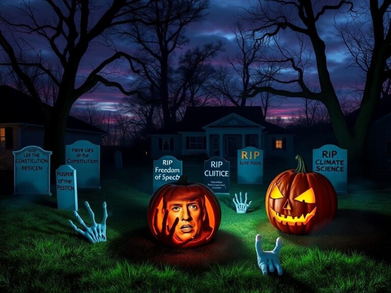 Flick International Dimly lit Halloween display with political gravestones and a shaped pumpkin