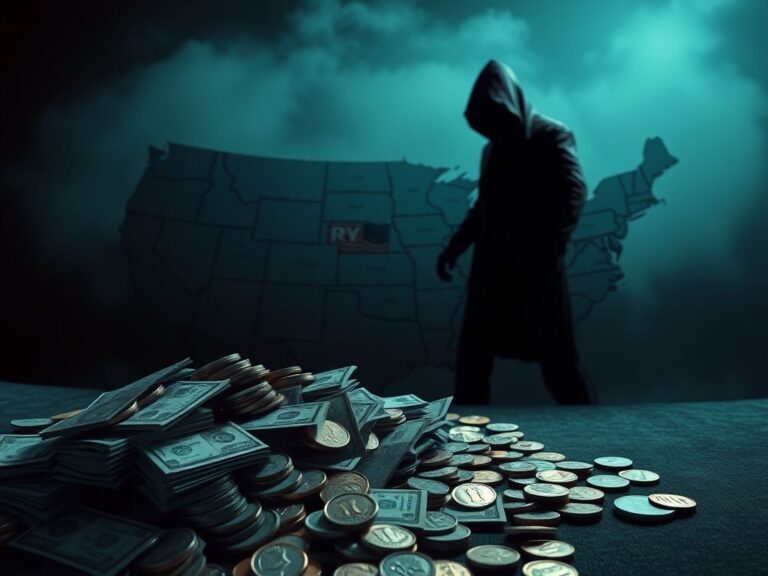 Flick International A dimly lit political landscape with dollar bills and foreign currency symbols on a U.S. map