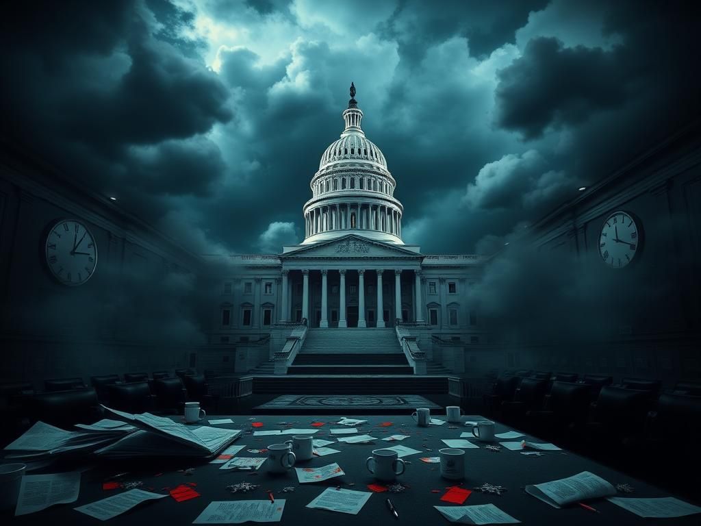Flick International U.S. Capitol building under dark clouds symbolizing government shutdown