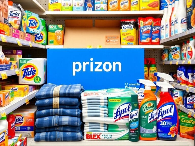 Flick International Colorful grocery shelf filled with affordable household essentials including Tide PODS and toilet paper